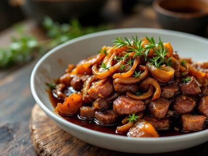 Manzo saltato alla salsa di soia e cipolle caramellate